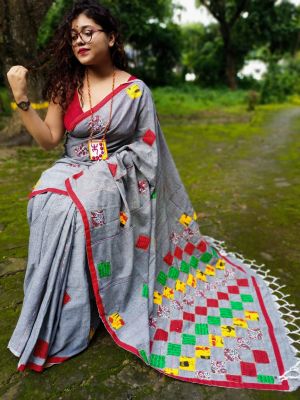 Gray Pure Handloom Cotton Saree From Bengal
