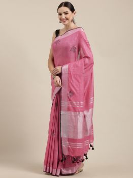 Pink Embroidery Slub Cotton Saree