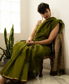 Olive Green Mangalagiri Saree With Pattu From Bhagalpur