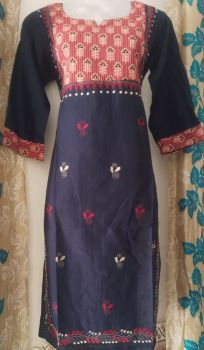 Blue Purple Colour Kantha Embroidery Design Kurti