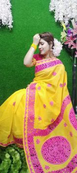 Yellow Pink Chakra Pure Handloom Silk Cotton Saree