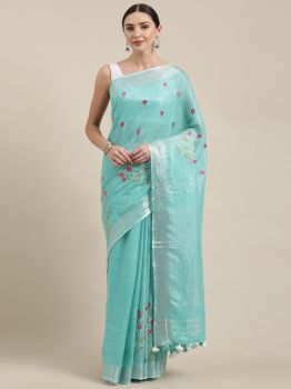 Sky Blue Embroidery Linen Saree