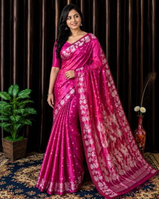 Bright Pink Pure Handloom Silk Tissue Saree From Bengal