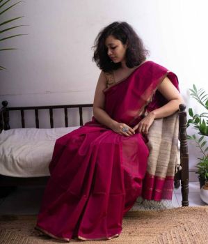 Maroon Mangalagiri Saree With Pattu From Bhagalpur