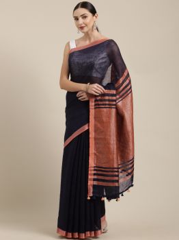 Dark Blue & Orange Linen Saree