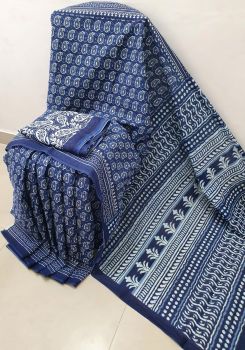 Dark Blue Hand Block Printed Work Saree