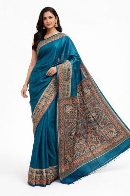 Sea Blue Authentic Madhubani Pure Handloom Women Tassar Silk Saree