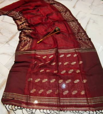 Red Wine Pure Handloom Linen By Linen Saree From Bengal