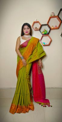 Mehandi Green Pure Handloom Tissue Silk Saree From Bengal