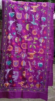 Deep Violet colour Pure Silk Kathastitch Dupatta From Bengal
