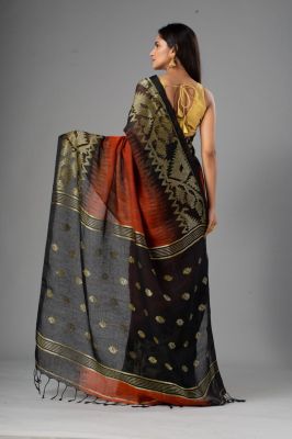 Red Black Pure Handloom Linen By Linen Saree From Bengal