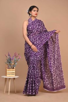 Purple Hand Block Cotton Pure Handloom Printed Design Saree