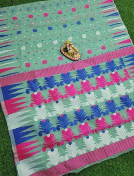 Greyish Teal Flower Dhakai Jamdani Saree From Rajasthan