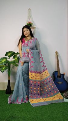 Gray Pure Handloom Dhakai Jamdani Saree From Bengal