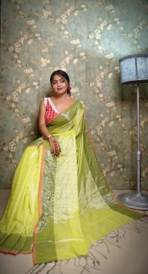 Yellow Pure Handloom Tissue Silk Saree From Bengal