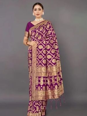 Purple Pure Handloom Silk Cotton Saree From Banaras