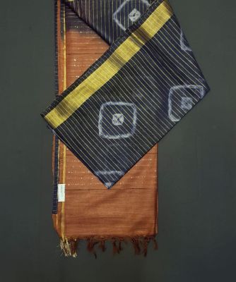 Black Brown Pure Handloom Katan Silk Saree From Bhagalpur