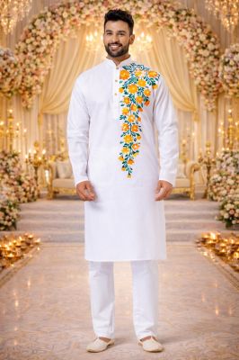 White Premium Ethnic Printed Kurta Pyjama Set Festive Special Traditional Style