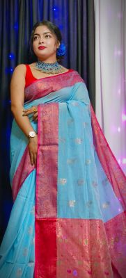 Sky Blue Pure Handloom Banswara Silk Saree From Bengal
