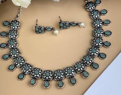 Silver Pure Oxidised Necklace With Sea Blue Stone Jewellery