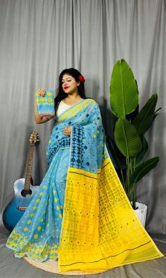 Yellow Light Blue Pure Handloom Dhakai Jamdani Saree From Bengal