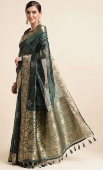 Greenish Pure Handloom Silk Saree From Banaras
