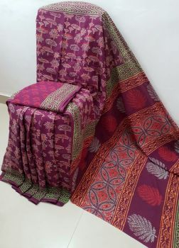 Dark Pink Hand Block Printed Work Saree