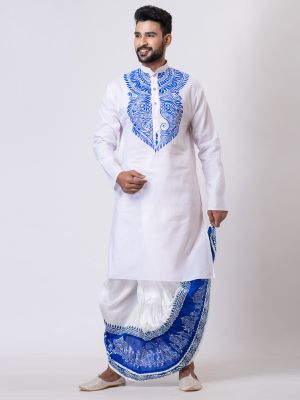 White Handcrafted Kantha Embroidered Dhoti Punjabi Set