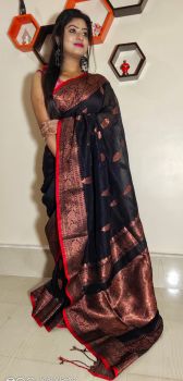 Black Pure Handloom Linen Cotton Saree From Bengal