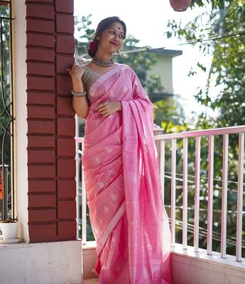 Pink Pure Handloom Linen By Linen Saree From Banaras