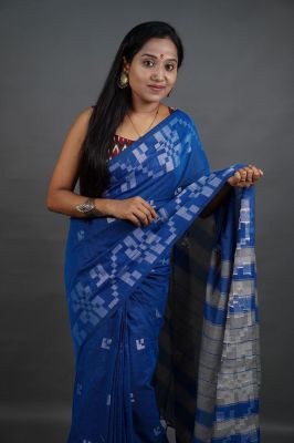 Blue Pure Handloom Cotton Saree From Bengal