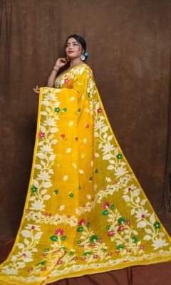 Yellow Pure Handloom Dhakai Jamdani Saree From Bengal