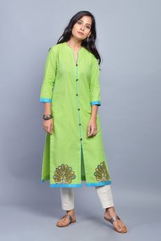 Green Cotton Kurta With Patch-Work