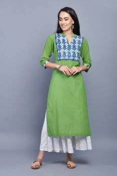 Green Cotton Straight Kurta