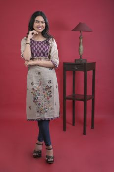 Gray Magenta Kantha Stitch Top