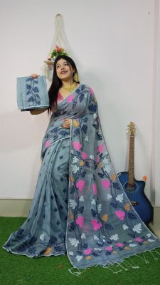 Gray Pure Handloom Cotton Saree From Bengal
