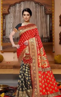 Red Black Pure Handloom Banarasi Silk Cotton Saree From Banaras