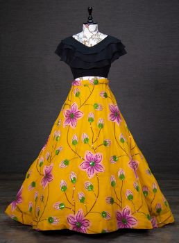 Deep Yellow And Black Lehenga With Sequins And Thread Embroidery Work