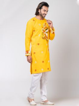 Yellow Pure Handloom Katha Stitch Kurta From Bengal