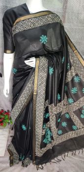 Charcoal Black Katan Silk Hand Block Print Saree From Bihar