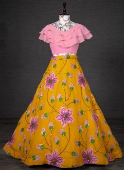 Deep Yellow And Light Pink Lehenga With Sequins And Thread Embroidery Work
