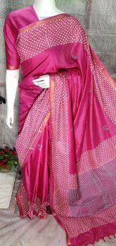 Raspberry Pink Katan Silk Hand Block Print Saree From Bihar