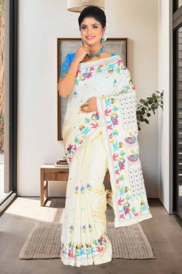 White Handloom Kantha Stitch Saree From Bengal