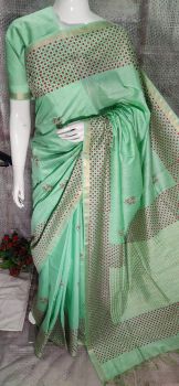 Aqua Green Katan Silk Hand Block Print Saree From Bihar