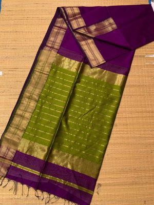 Purple Green Pure Handloom Maheshwari Silk Cotton Saree From Bengal