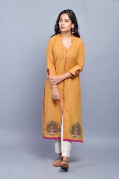 Mustard Cotton Kurta with Patch Work