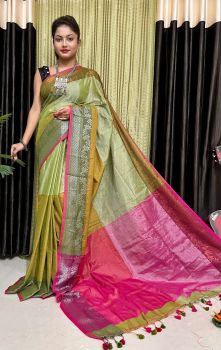 Mehandi Green Pure Handlooms Tissue Saree From Bengal
