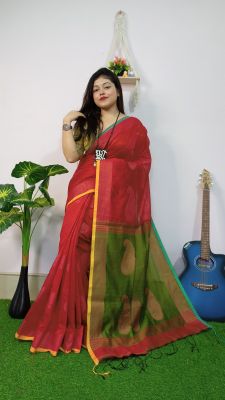Red Pure Handloom Silk Cotton Saree From Bengal