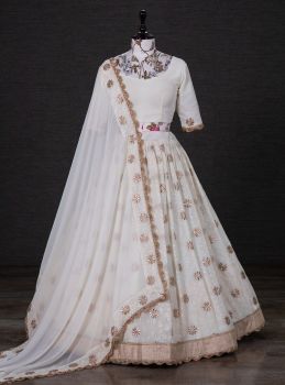 White Georgette Lehenga With Thread Embroidery Work