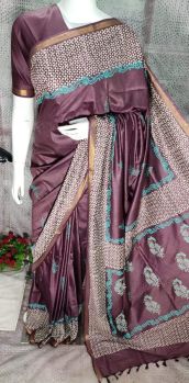Brown Katan Silk Hand Block Print Saree From Bihar